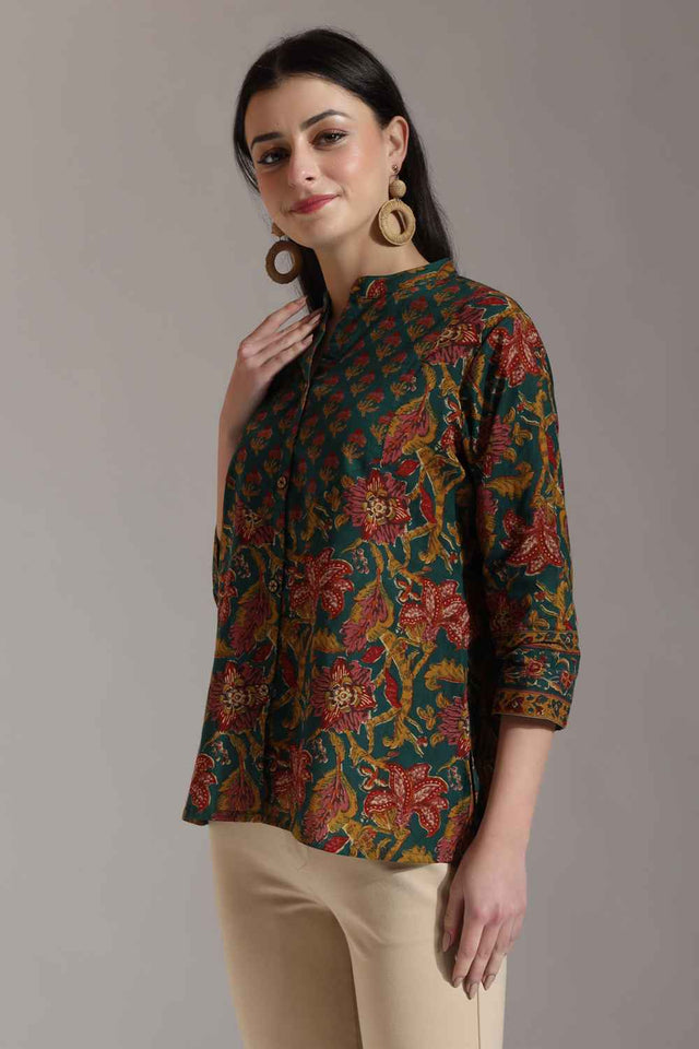 Green Floral Printed Pure Cotton Tops