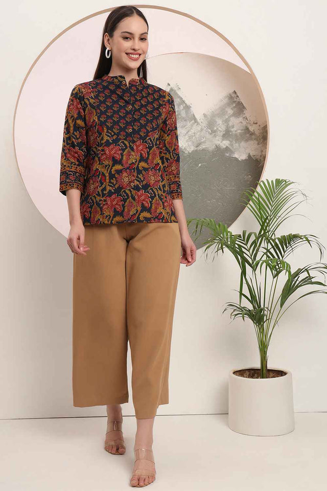 Blue Floral Printed Pure Cotton Tops