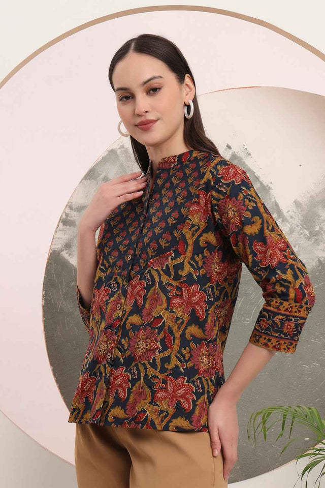 Blue Floral Printed Pure Cotton Tops