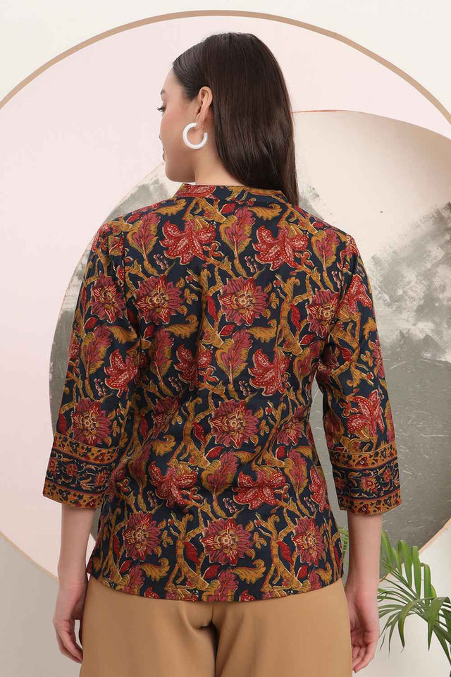 Blue Floral Printed Pure Cotton Tops