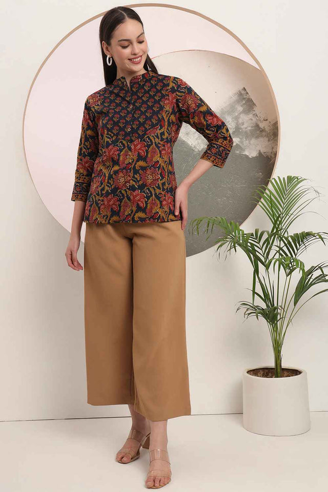 Blue Floral Printed Pure Cotton Tops