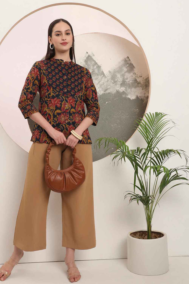 Blue Floral Printed Pure Cotton Tops