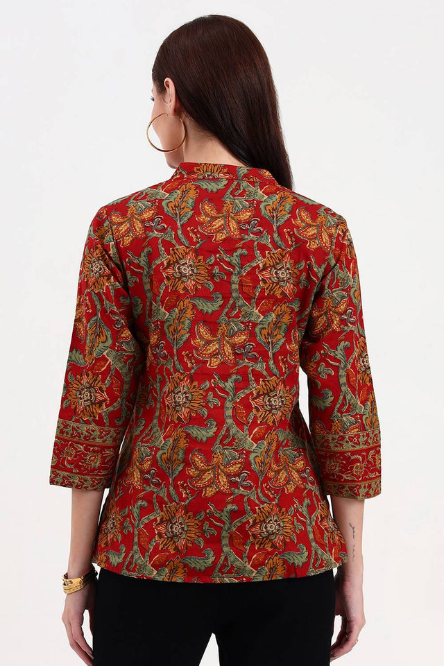 Red Floral Printed Cotton Tops & Tunics