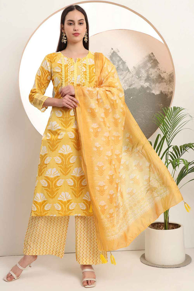 Yellow Floral Printed Cotton Kurti Palazzo Set