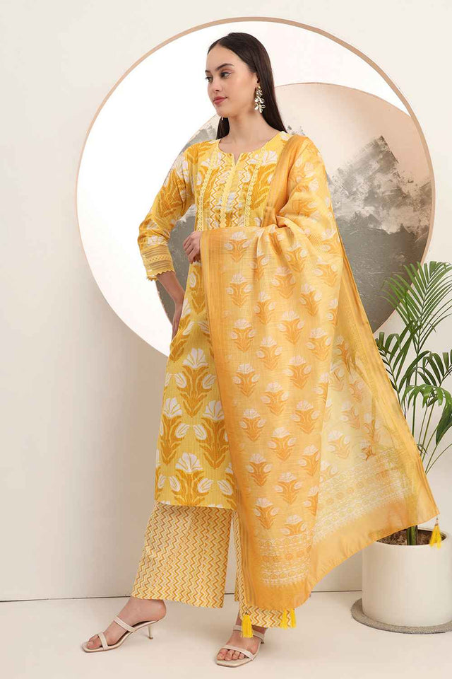 Yellow Floral Printed Cotton Kurti Palazzo Set