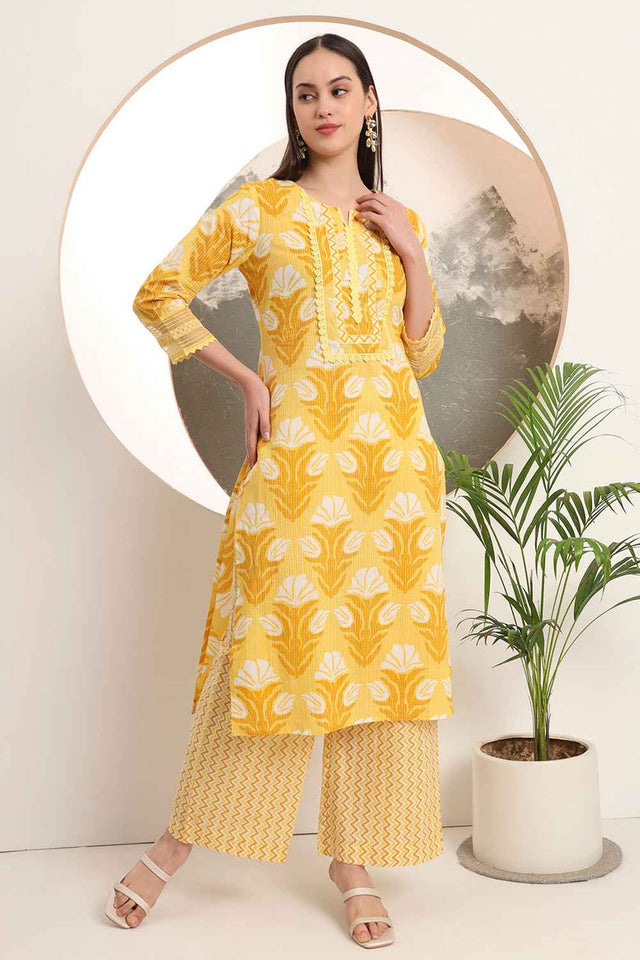 Yellow Floral Printed Cotton Kurti Palazzo Set