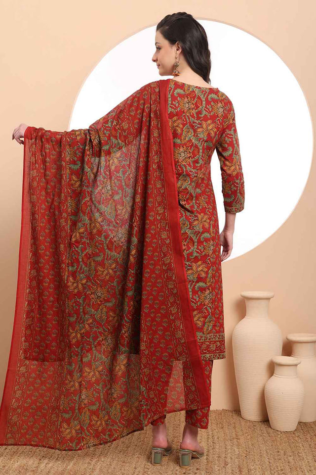 Red Floral Printed Cotton Kurti Pant Set