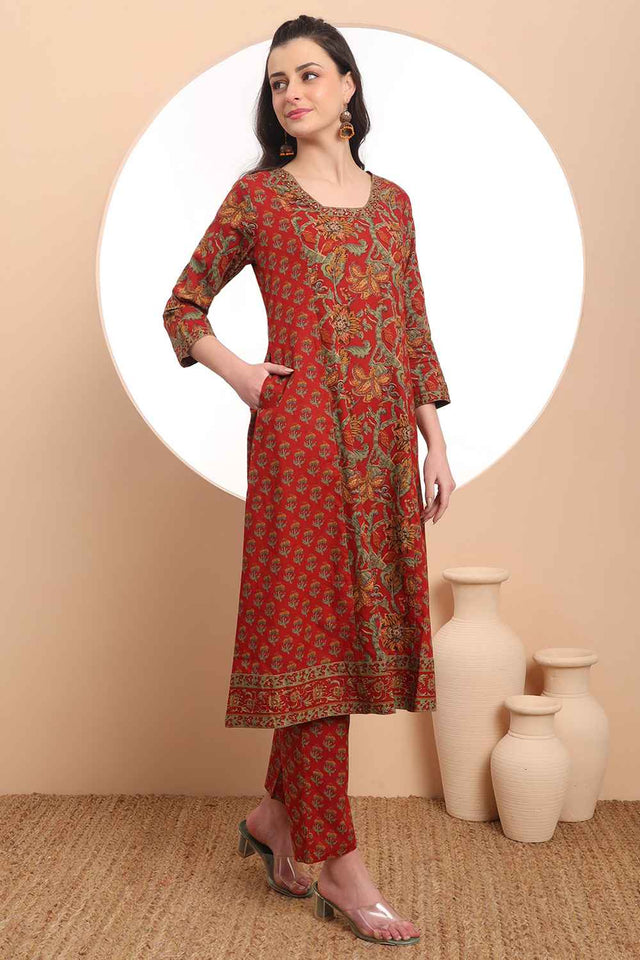 Red Floral Printed Cotton Kurti Pant Set