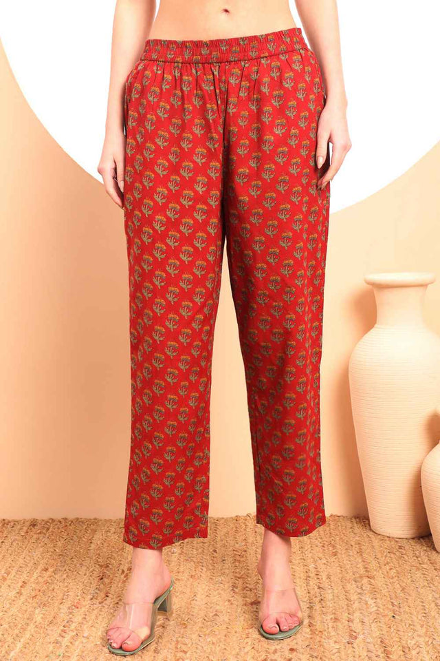 Red Floral Printed Cotton Kurti Pant Set