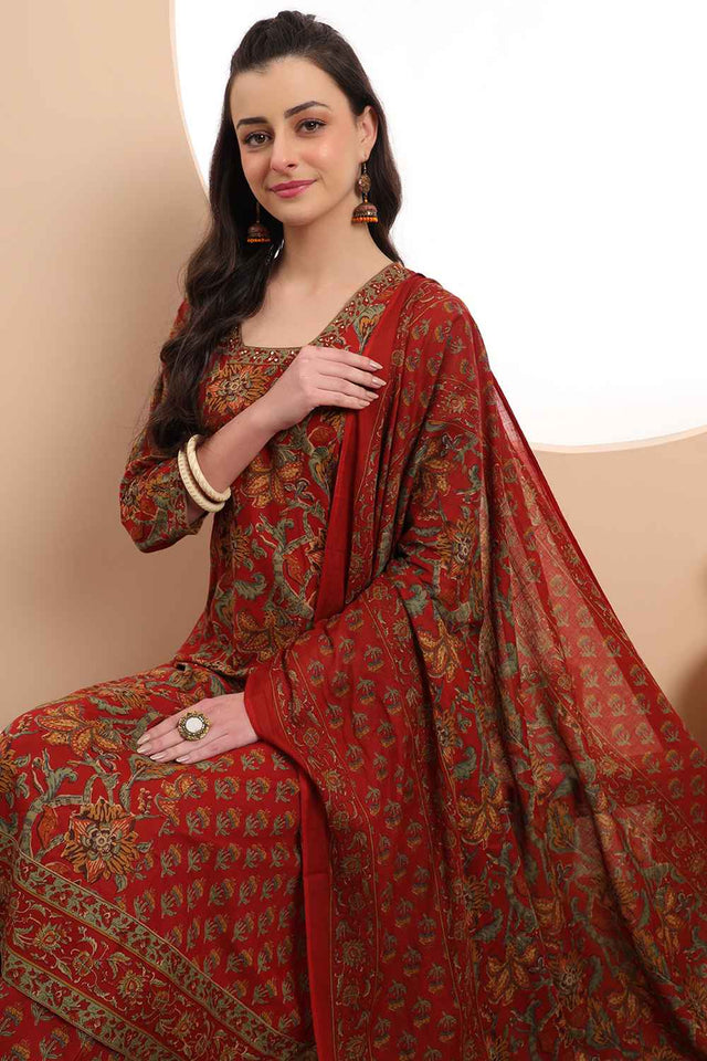 Red Floral Printed Cotton Kurti Pant Set