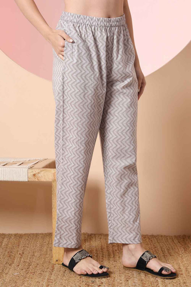 Grey Floral Printed Cotton Kurti Pant Set