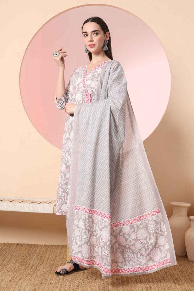 Grey Floral Printed Cotton Kurti Pant Set