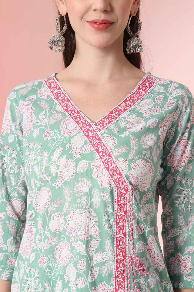Turquoise Floral Printed Cotton Kurti Pant Set