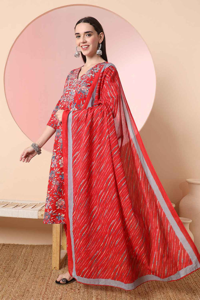 Red Floral Printed Cotton Kurti Pant Set