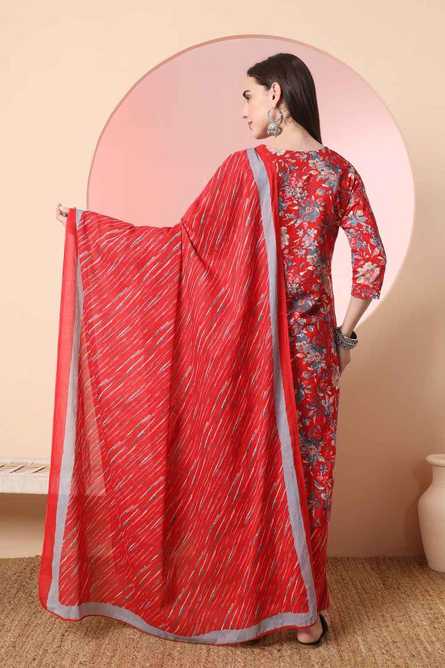 Red Floral Printed Cotton Kurti Pant Set