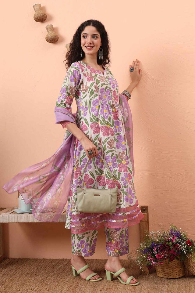 White Floral Print Cotton Kurti Pant Set