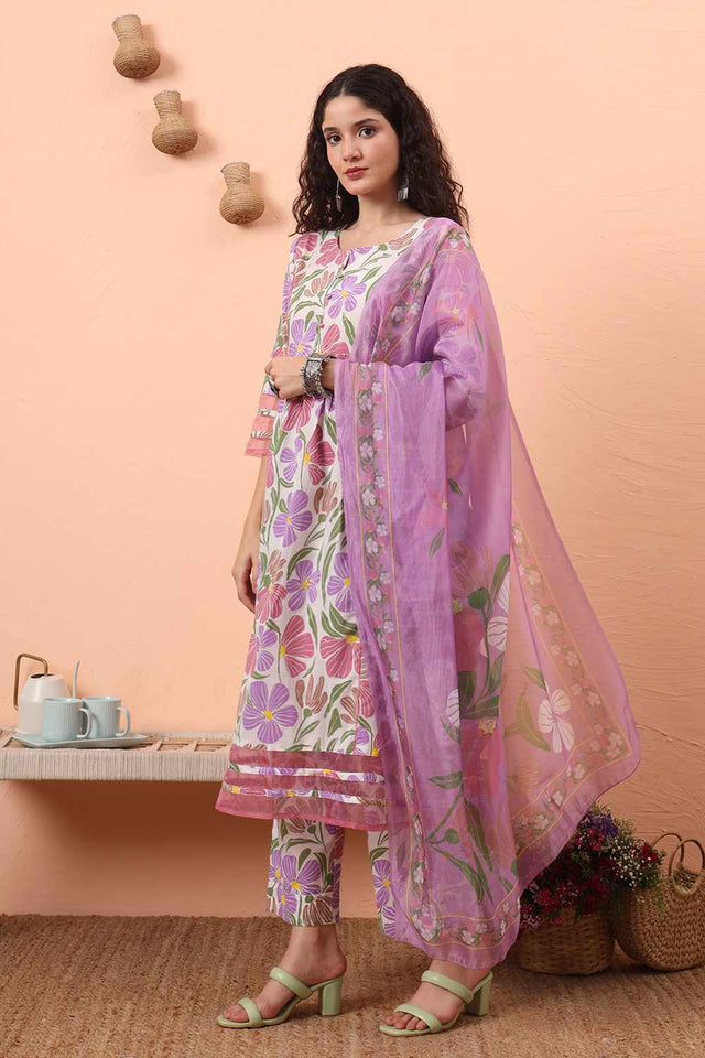 White Floral Print Cotton Kurti Pant Set