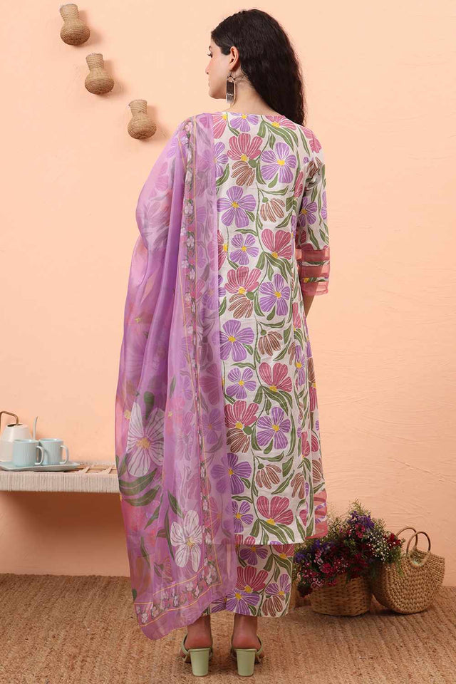 White Floral Print Cotton Kurti Pant Set