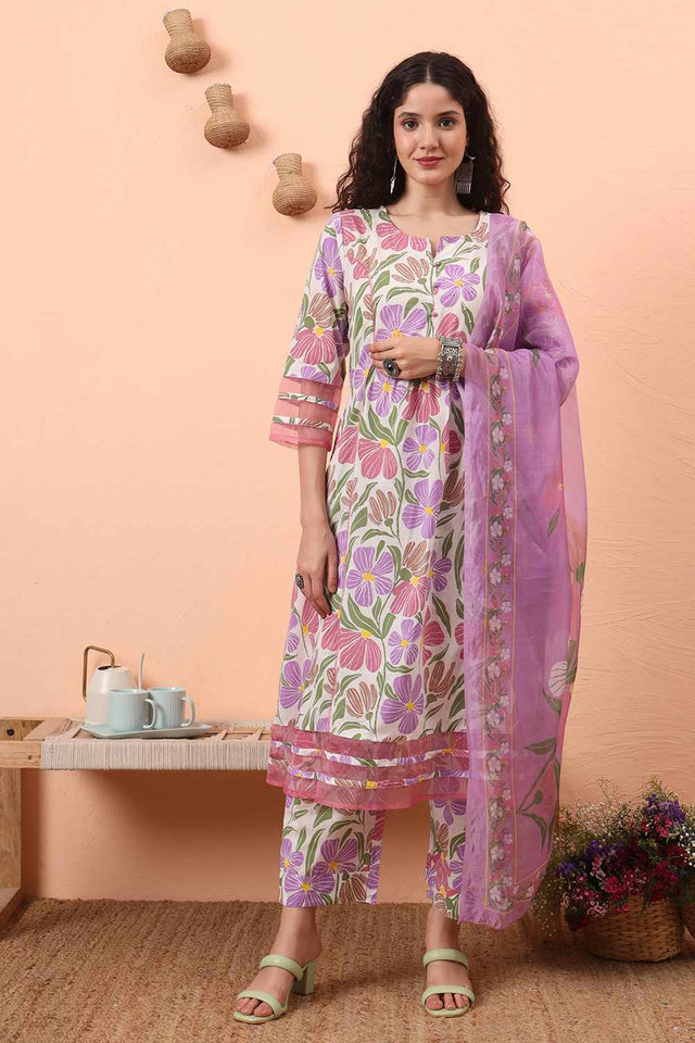 White Floral Print Cotton Kurti Pant Set