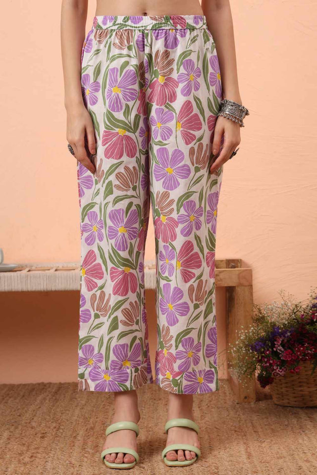 White Floral Print Cotton Kurti Pant Set