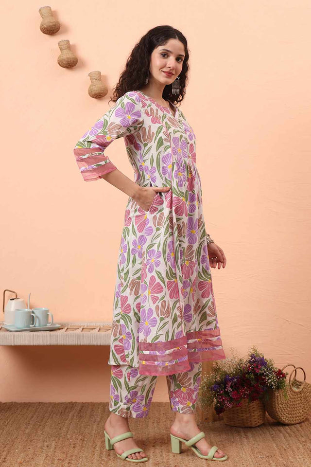 White Floral Print Cotton Kurti Pant Set