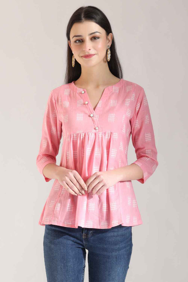 Pink Geometric Printed Pure Cotton Tops