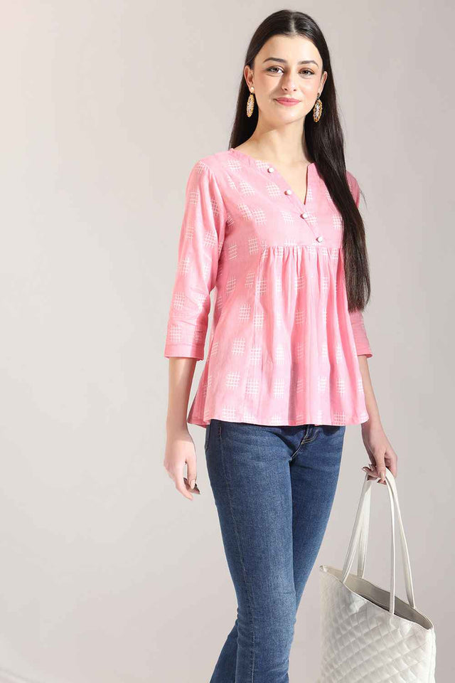 Pink Geometric Printed Pure Cotton Tops