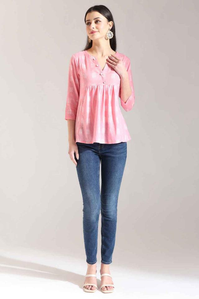 Pink Geometric Printed Pure Cotton Tops