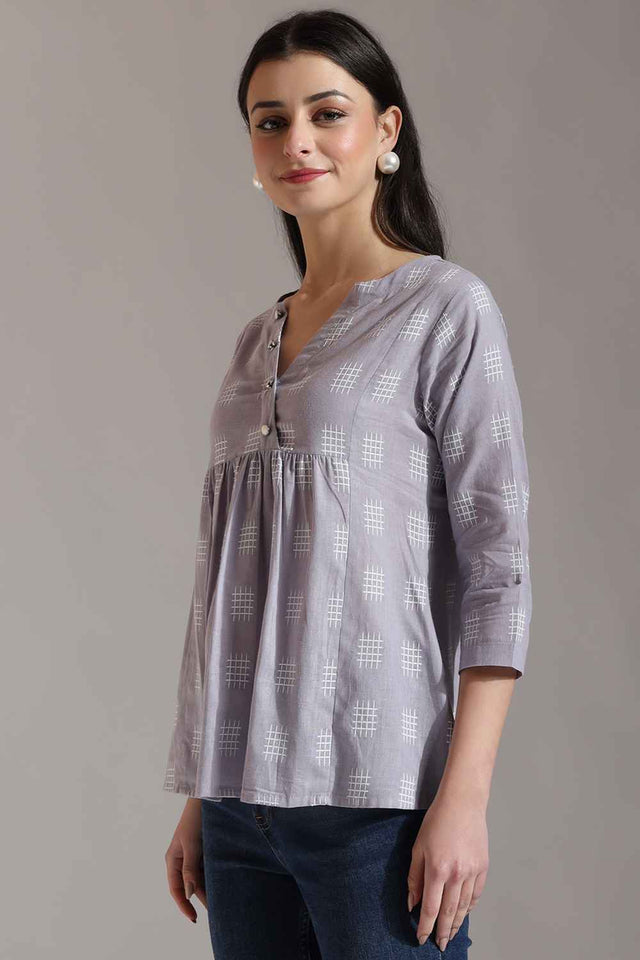 Violet Geometric Printed Pure Cotton Tops