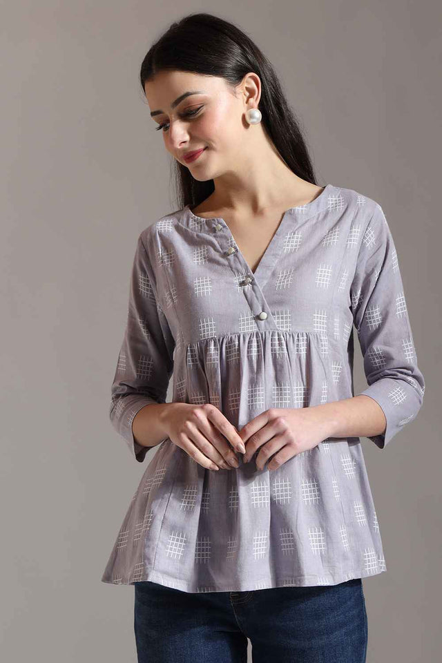 Violet Geometric Printed Pure Cotton Tops