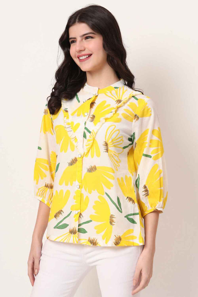 Yellow Floral Printed Pure Cotton Tops