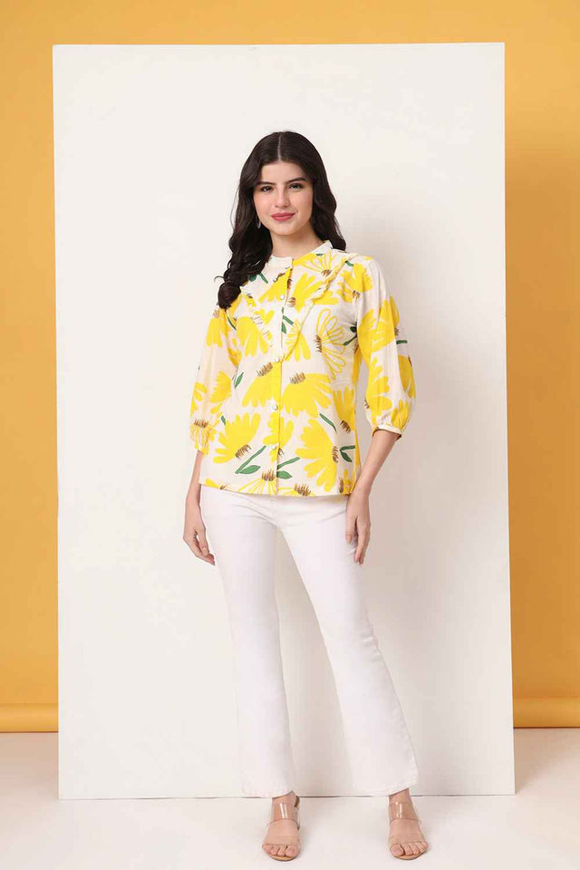 Yellow Floral Printed Pure Cotton Tops