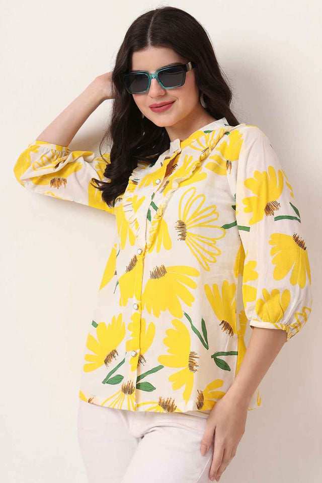 Yellow Floral Printed Pure Cotton Tops