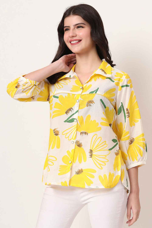 Yellow Floral Printed Pure Cotton Tops