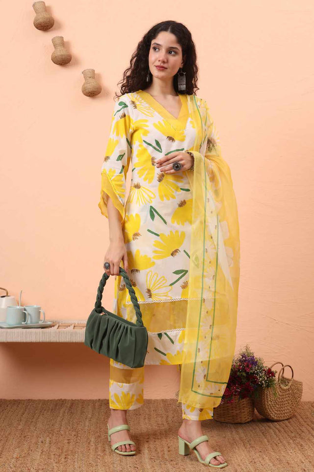 White Floral Print Cotton Kurti Pant Set