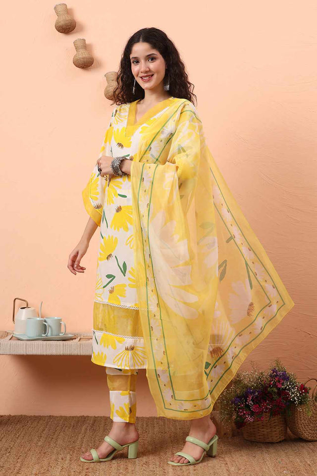 White Floral Print Cotton Kurti Pant Set