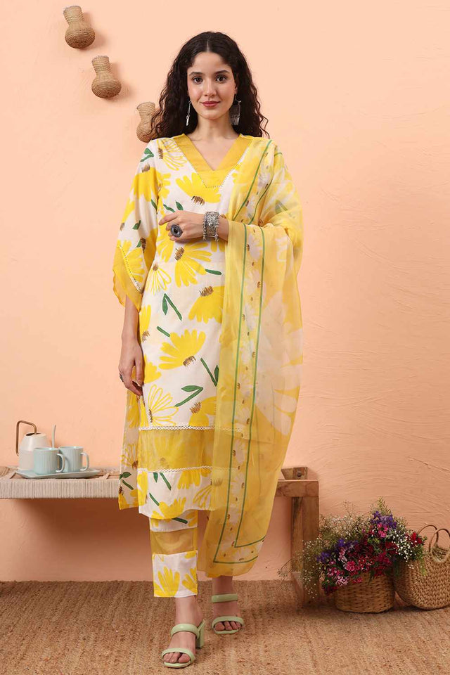 White Floral Print Cotton Kurti Pant Set