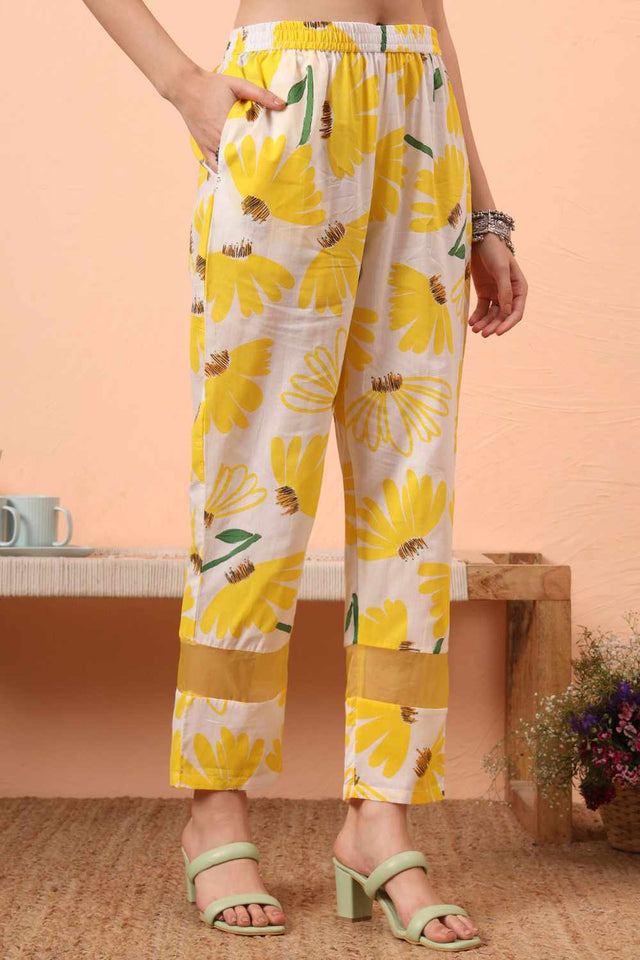 White Floral Print Cotton Kurti Pant Set