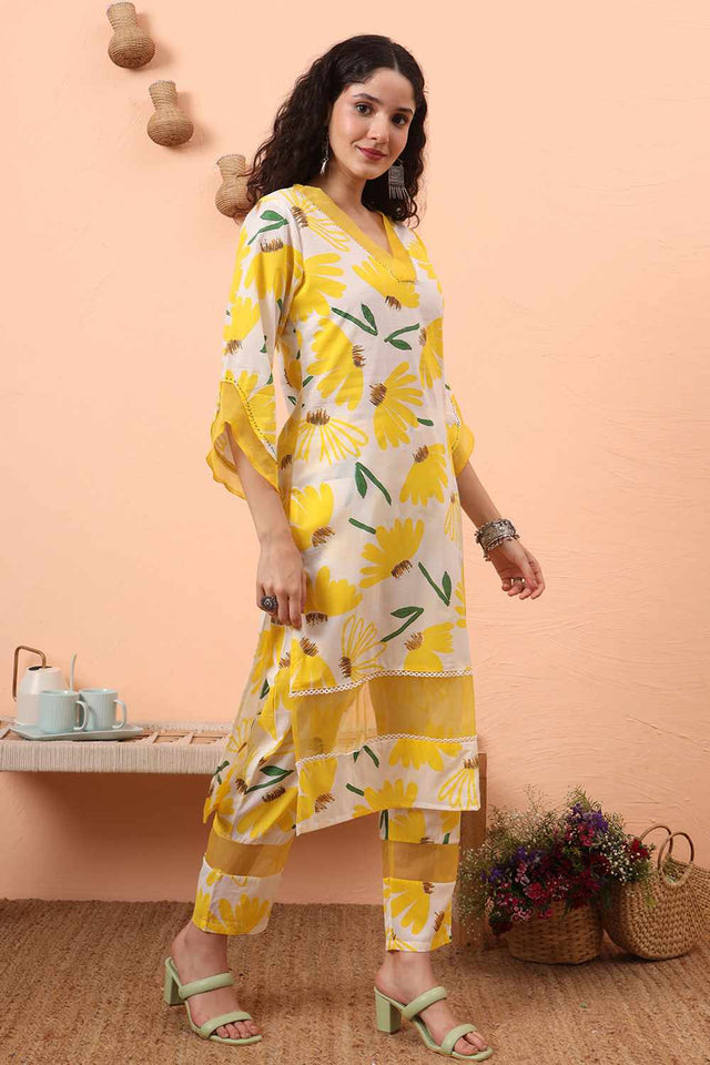 White Floral Print Cotton Kurti Pant Set