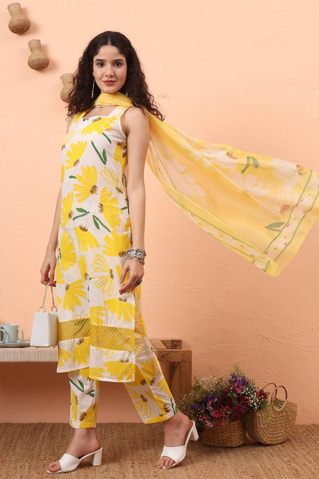 Multi Color Floral Printed Cotton Straight Cut Suit Set