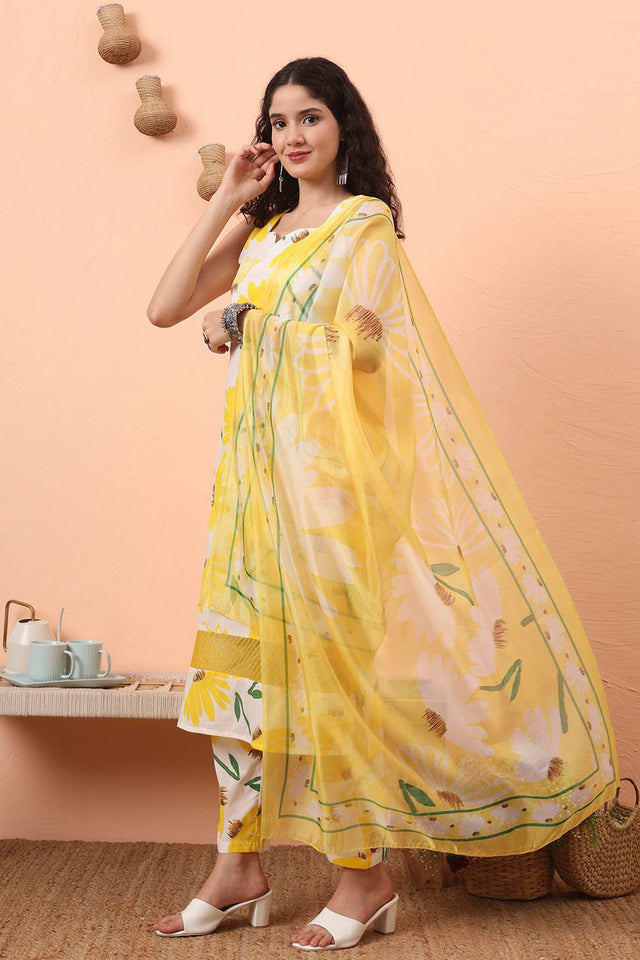 Multi Color Floral Printed Cotton Straight Cut Suit Set