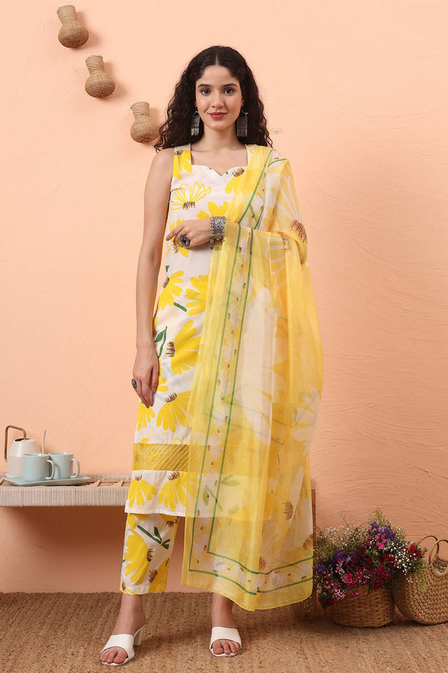 Multi Color Floral Printed Cotton Straight Cut Suit Set