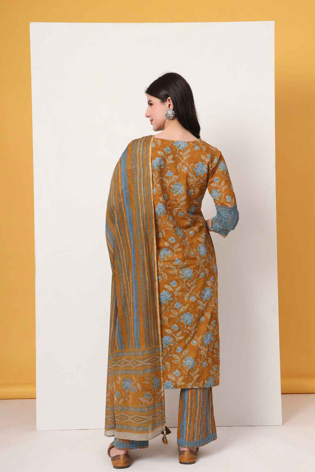 Mustard Floral Printed Cotton Kurti Pant Set