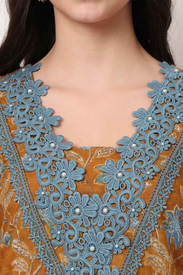 Mustard Floral Printed Cotton Kurti Pant Set