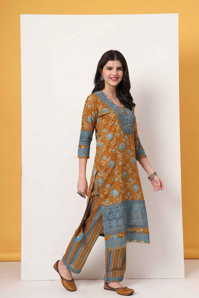 Mustard Floral Printed Cotton Kurti Pant Set