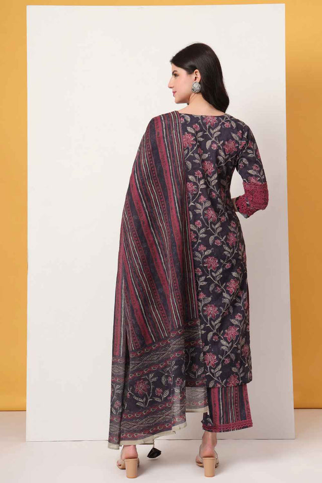 Violet Floral Printed Cotton Kurti Pant Set