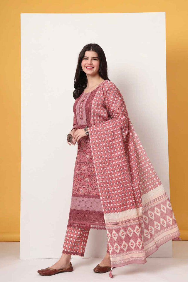 Pink Floral Printed Cotton Kurti Pant Set