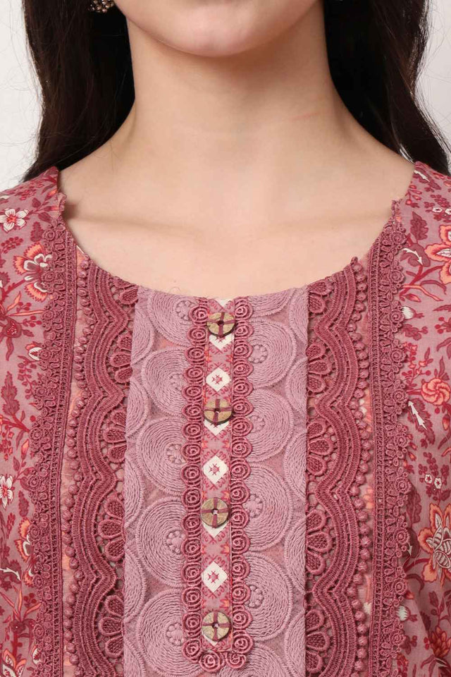 Pink Floral Printed Cotton Kurti Pant Set