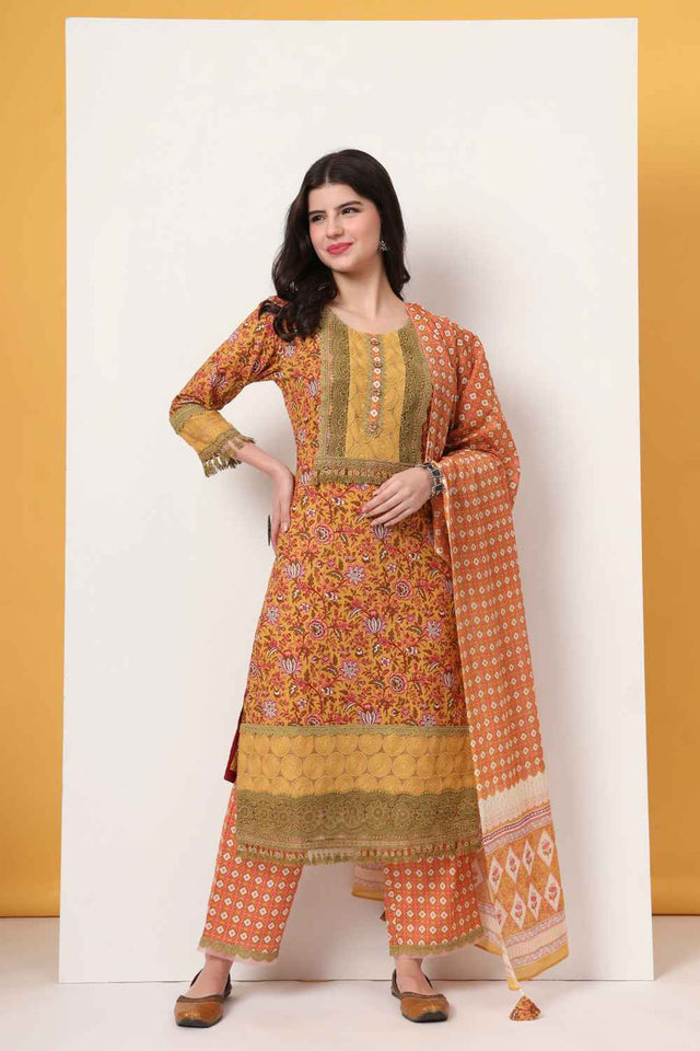 Yellow Floral Printed Cotton Kurti Pant Set