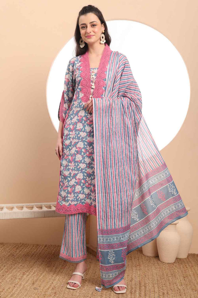Blue Floral Printed Cotton Kurti Pant Set